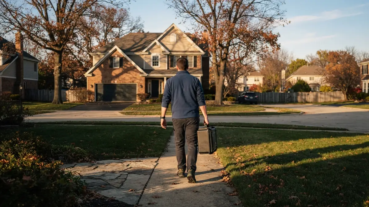 Technician carrying an equipment case up the front walk of a two-story Lake in the Hills house at golden hour