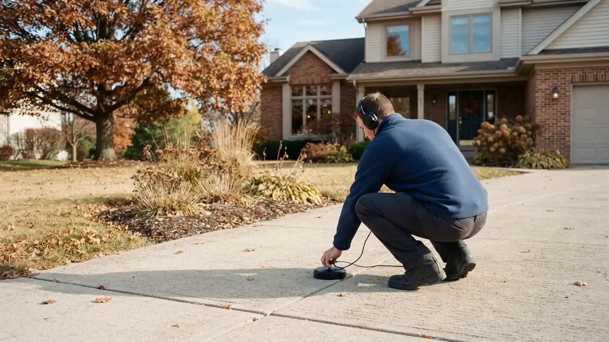 Technician pressing a ground microphone to the concrete driveway of a two-story Lake in the Hills house with an oak tree - Leak Detection in Lake in the Hills