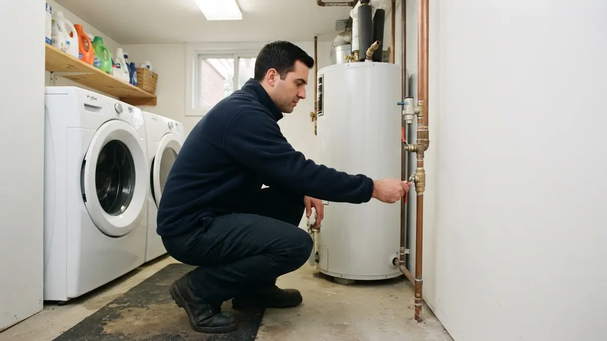 Technician turning the main water shutoff valve in a utility room above a water heater - Leak Detection in Lake in the Hills